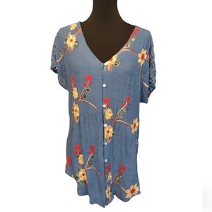 Fig and Flower 1X Floral Embroidered Button Up Blouse with Lace